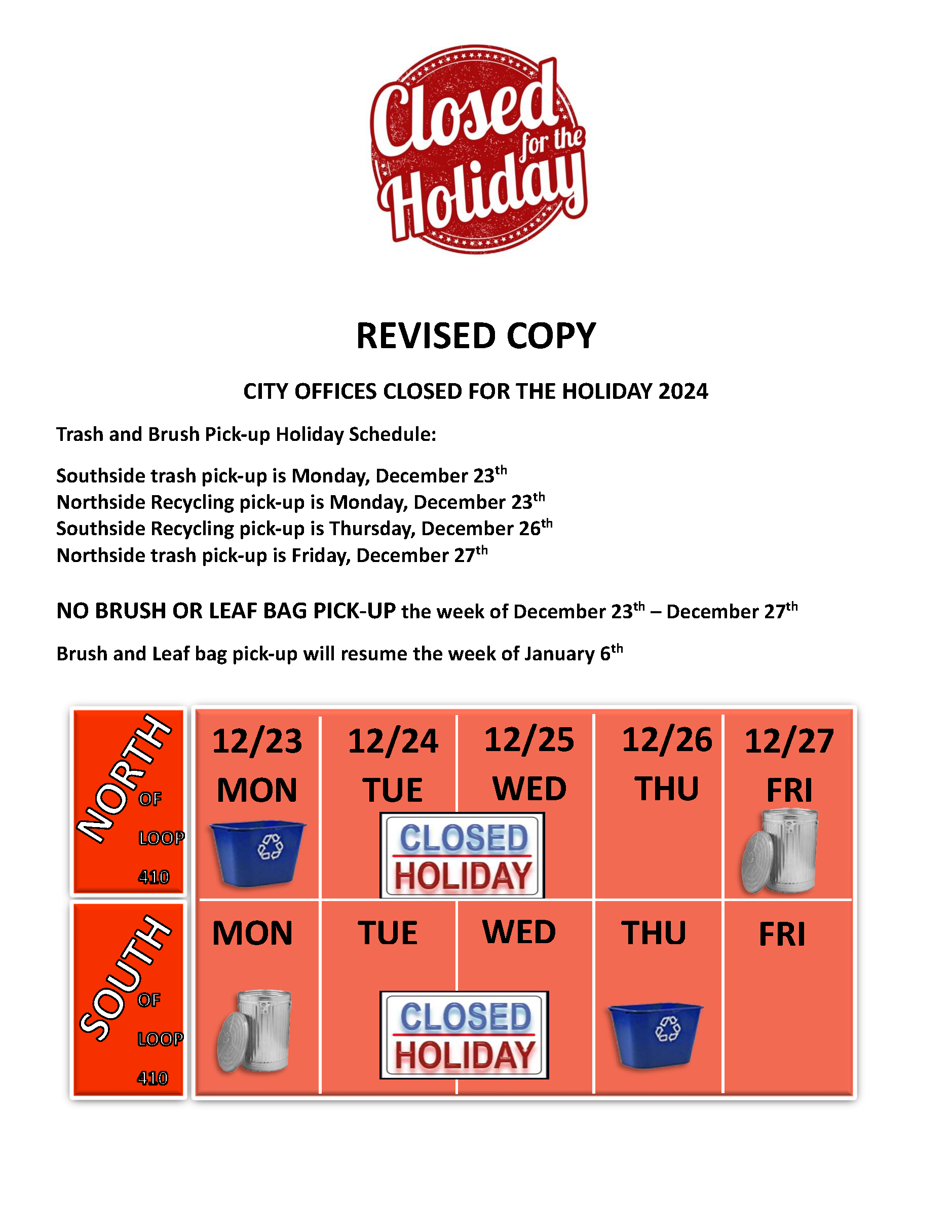 CITY OFFICES CLOSED Holiday 2024